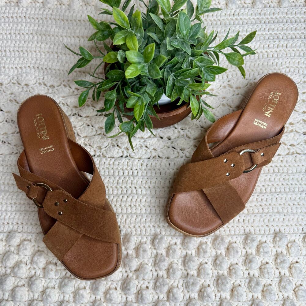 NEW LOTTINI ITALY Womens 39 US 9 Cross Band Buckle Cork Wedge Slide Sandal Brown - Picture 4 of 16